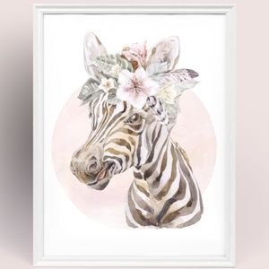 Watercolor Floral Zebra Wall Art Illustration Print Poster Card Unframed
